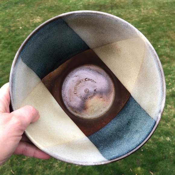 Vintage Pottery Craft Bowl - USA - Textured Geometric Design - Blue Brown Tan - Picture 3 of 10